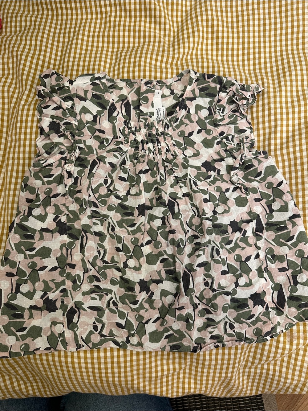 Bonpoint Pink, Green & Black Floral Ruffle Sleeve Top